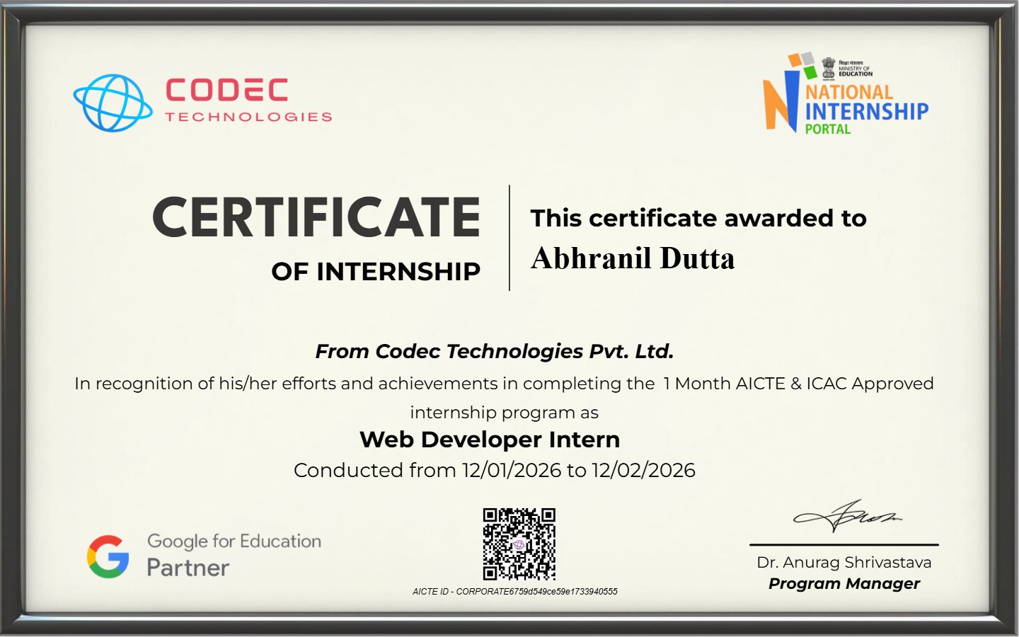 Web Developer Intern – Codec Technologies